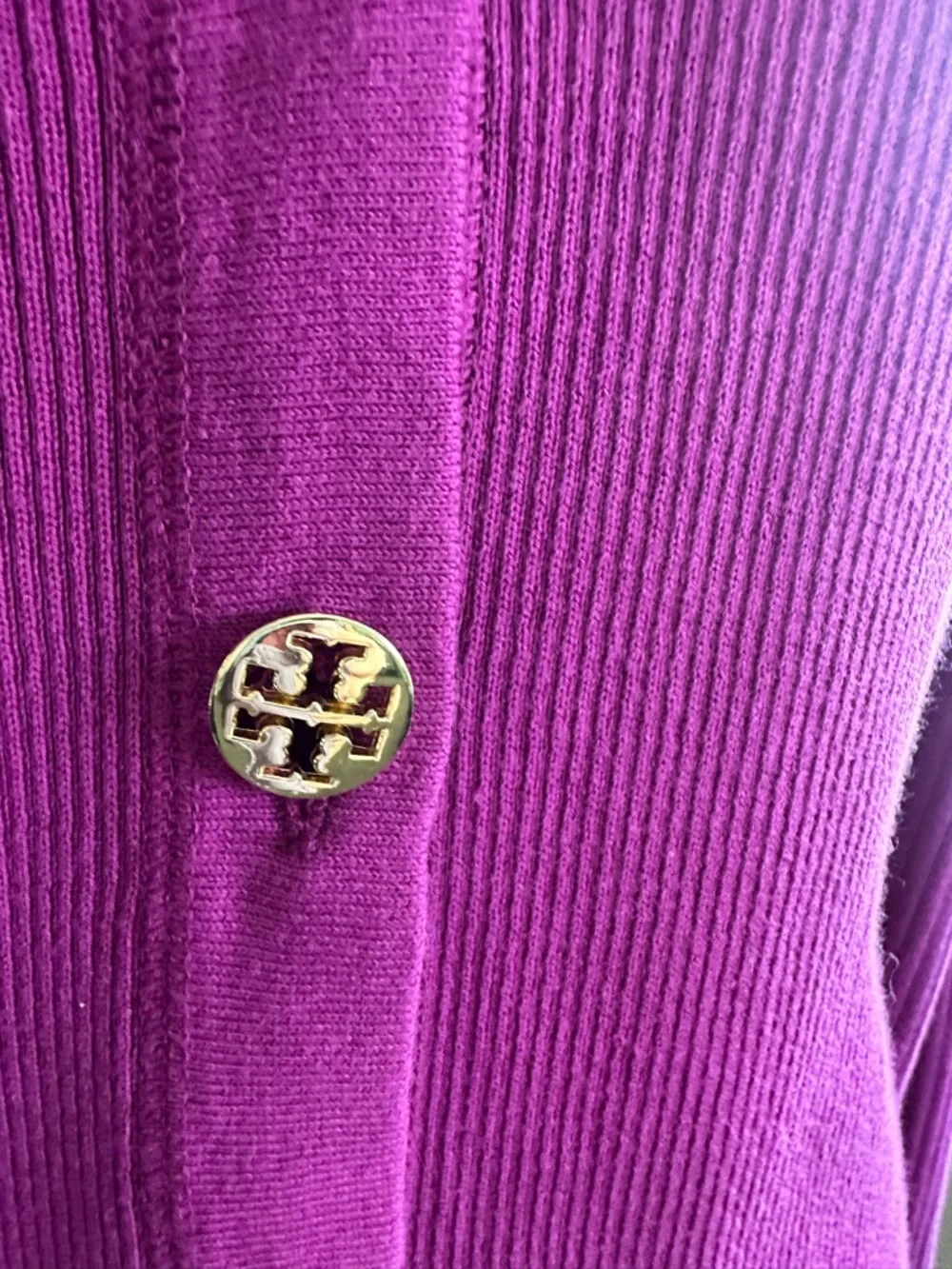 Tory Burch 100% Cotton Ribbed Knit Cardigan Magenta  L Gold Logo Buttons Preppy